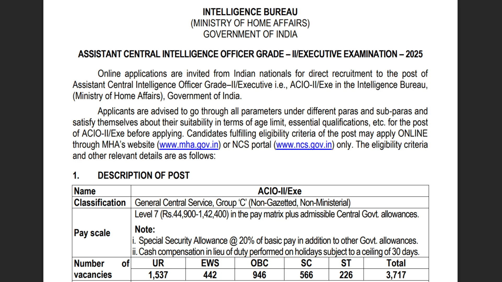 Intelligence Bureau (IB) Executive Recruitment 2025 Notification Released for 3717 Posts, Apply Online