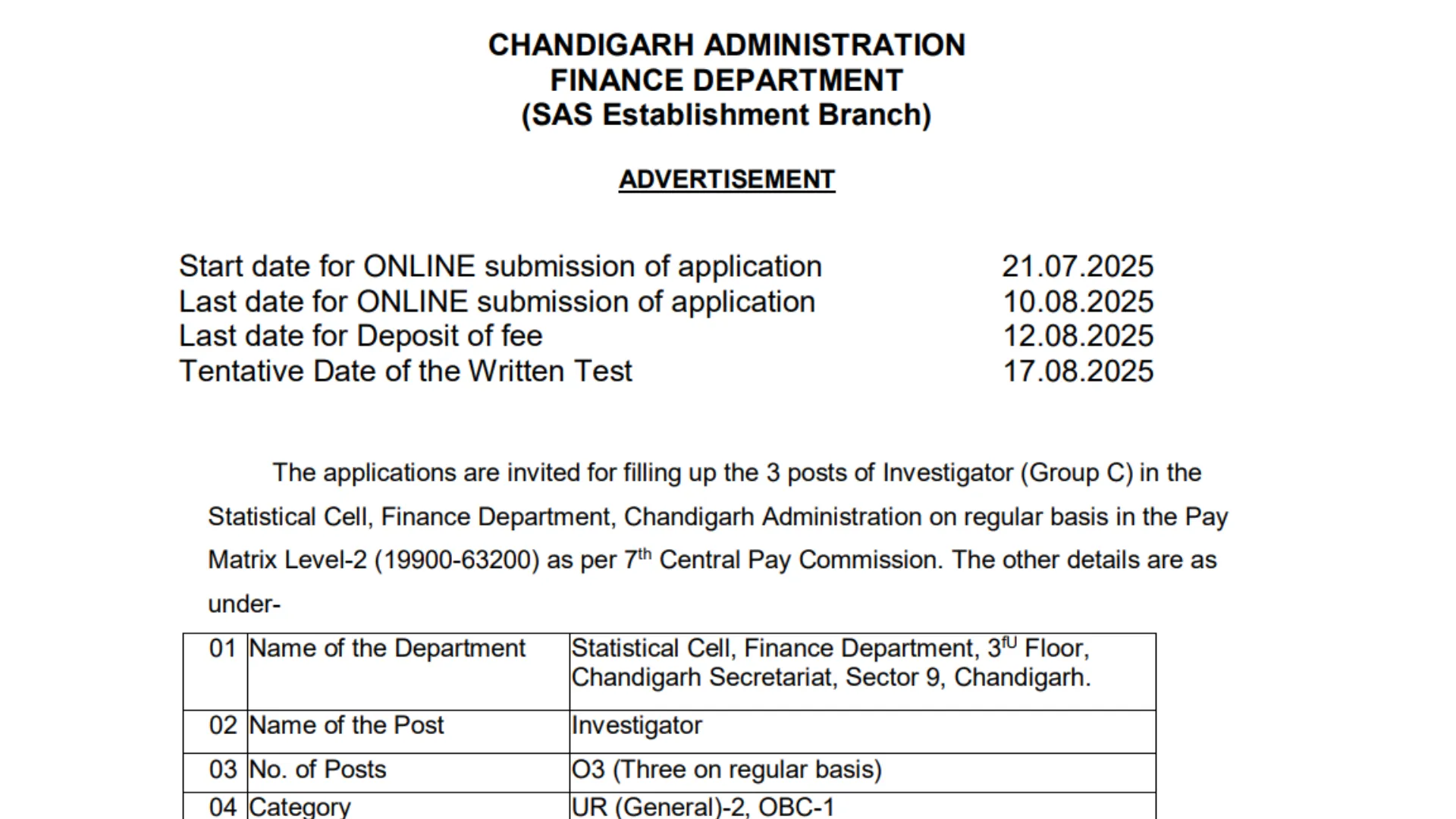 Chandigarh SCFD Investigator Recruitment 2025 Notification Released and Apply Online