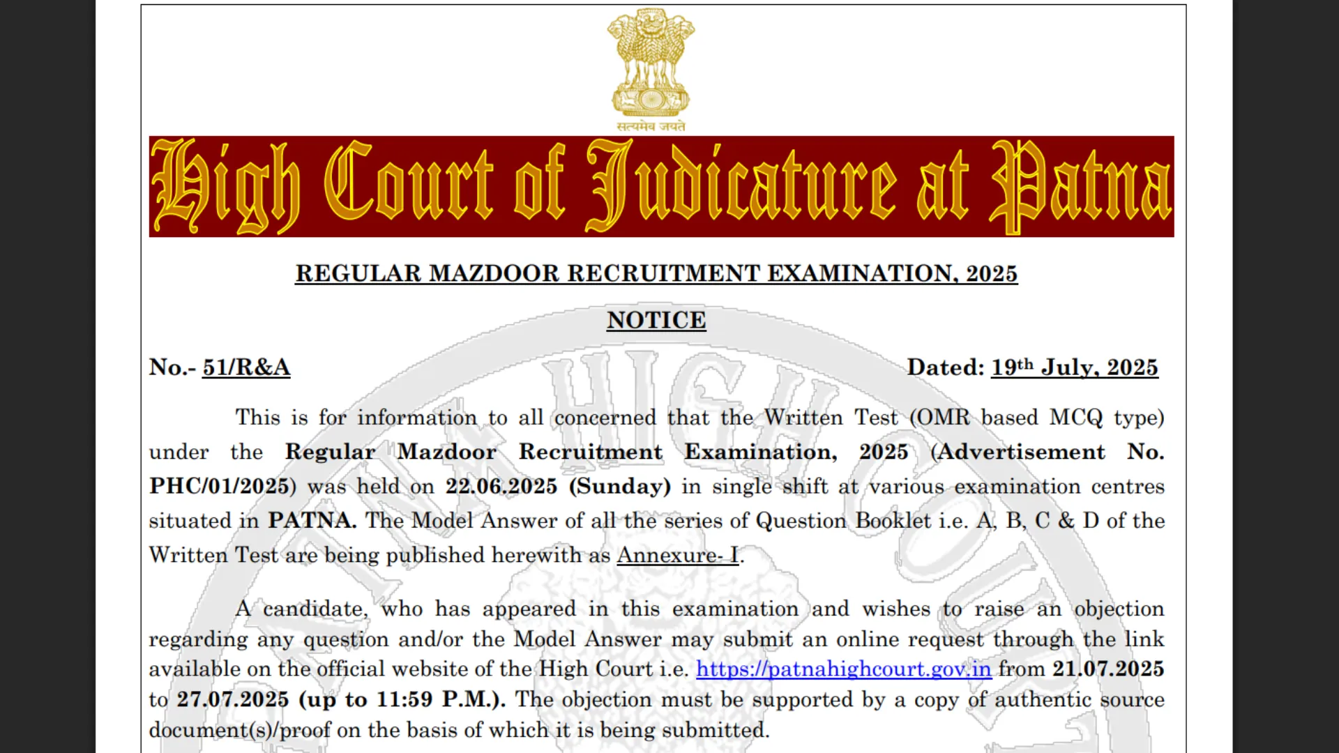 Patna High Court Mazdoor Exam Answer Key 2025 Released for 171 Post, Check Now