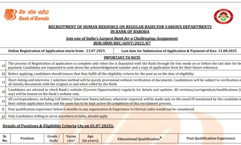 Bank of Baroda Manager, Senior Manager & Other Posts Recruitment 2025 Notification Released and Apply Online