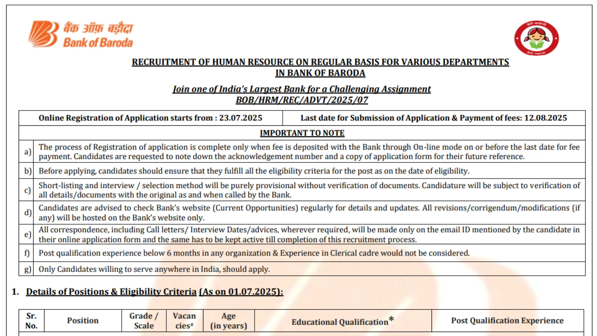 Bank of Baroda Manager, Senior Manager & Other Posts Recruitment 2025 Notification Released and Apply Online