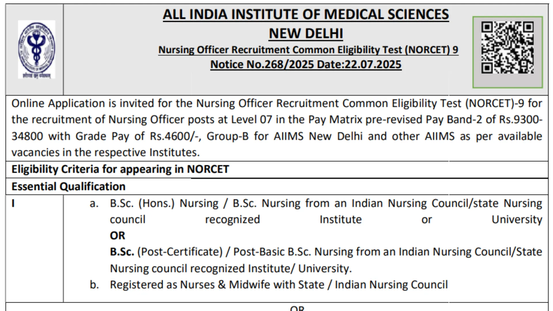 AIIMS Nursing Officer NORCET 9th Recruitment 2025 Notification Released and Apply Online for 3500 Posts