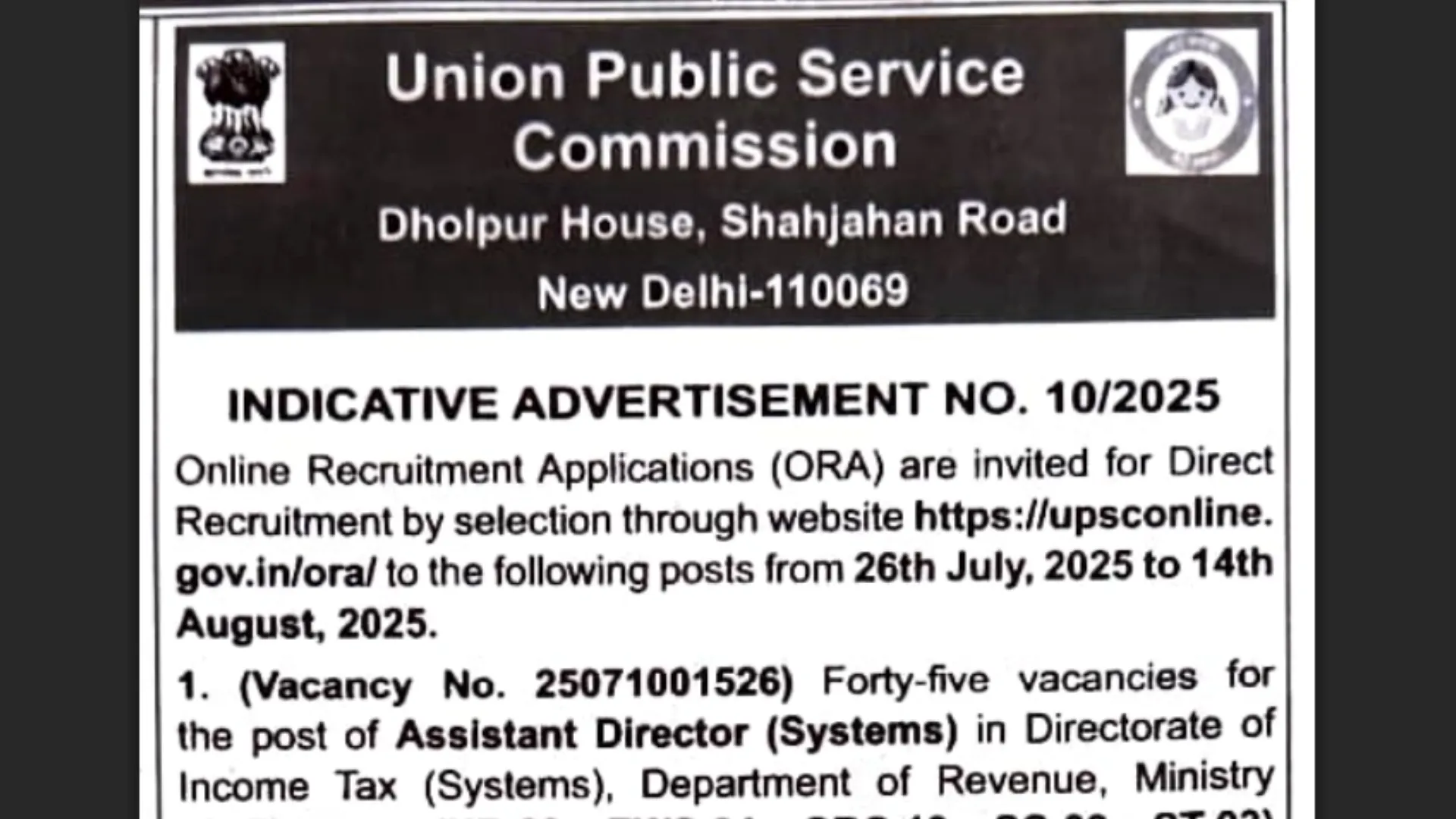 UPSC ORA Assistant Director Recruitment 2025 Notification Released and Apply Online