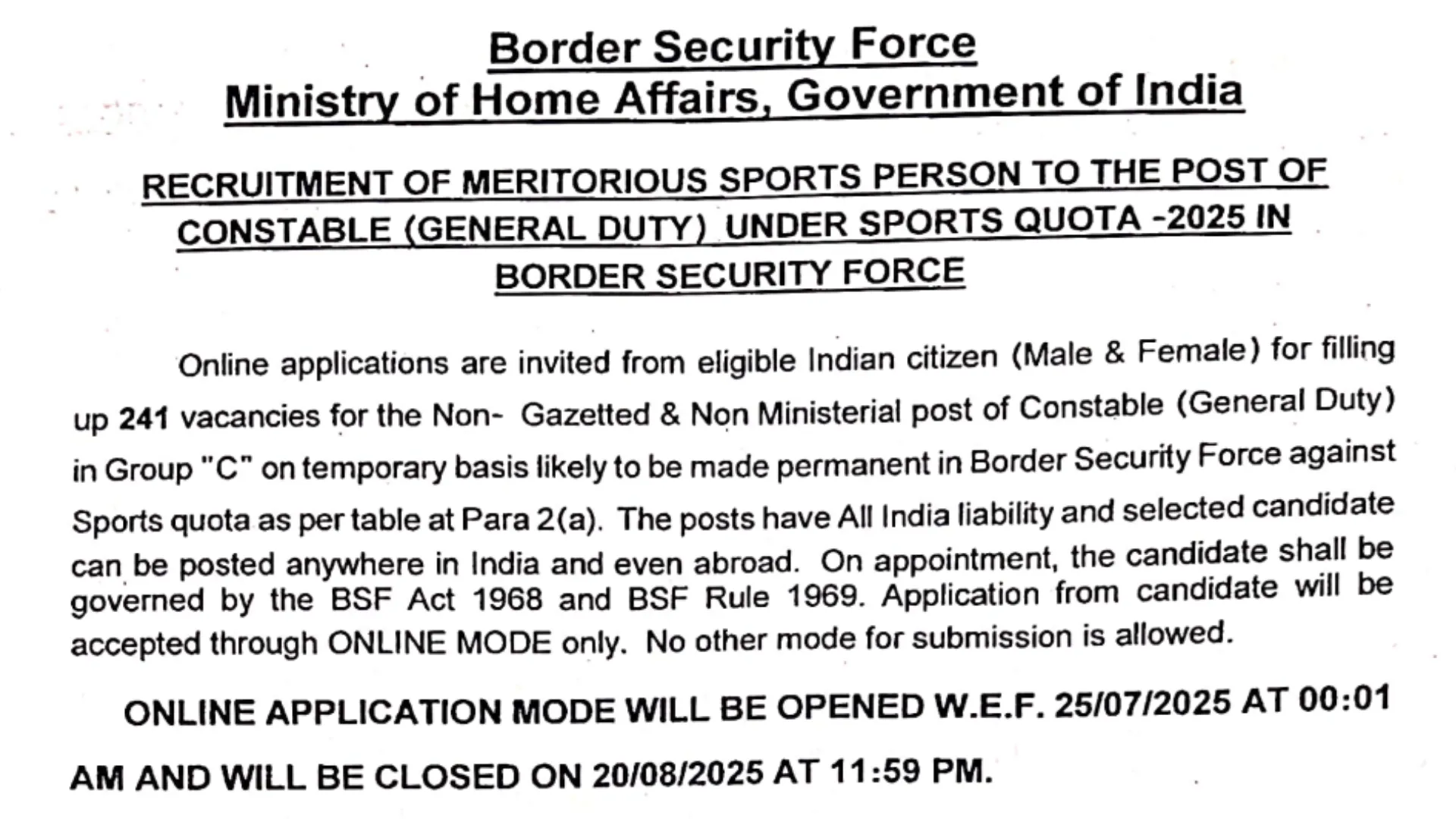 BSF Constable Sports Quota Recruitment 2025 Notification Released and Apply Online for 241 Posts