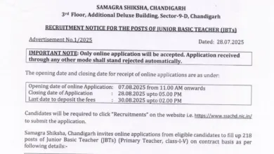 Chandigarh JBT Teacher Recruitment 2025 Notification Released and Apply Online for 218 Posts