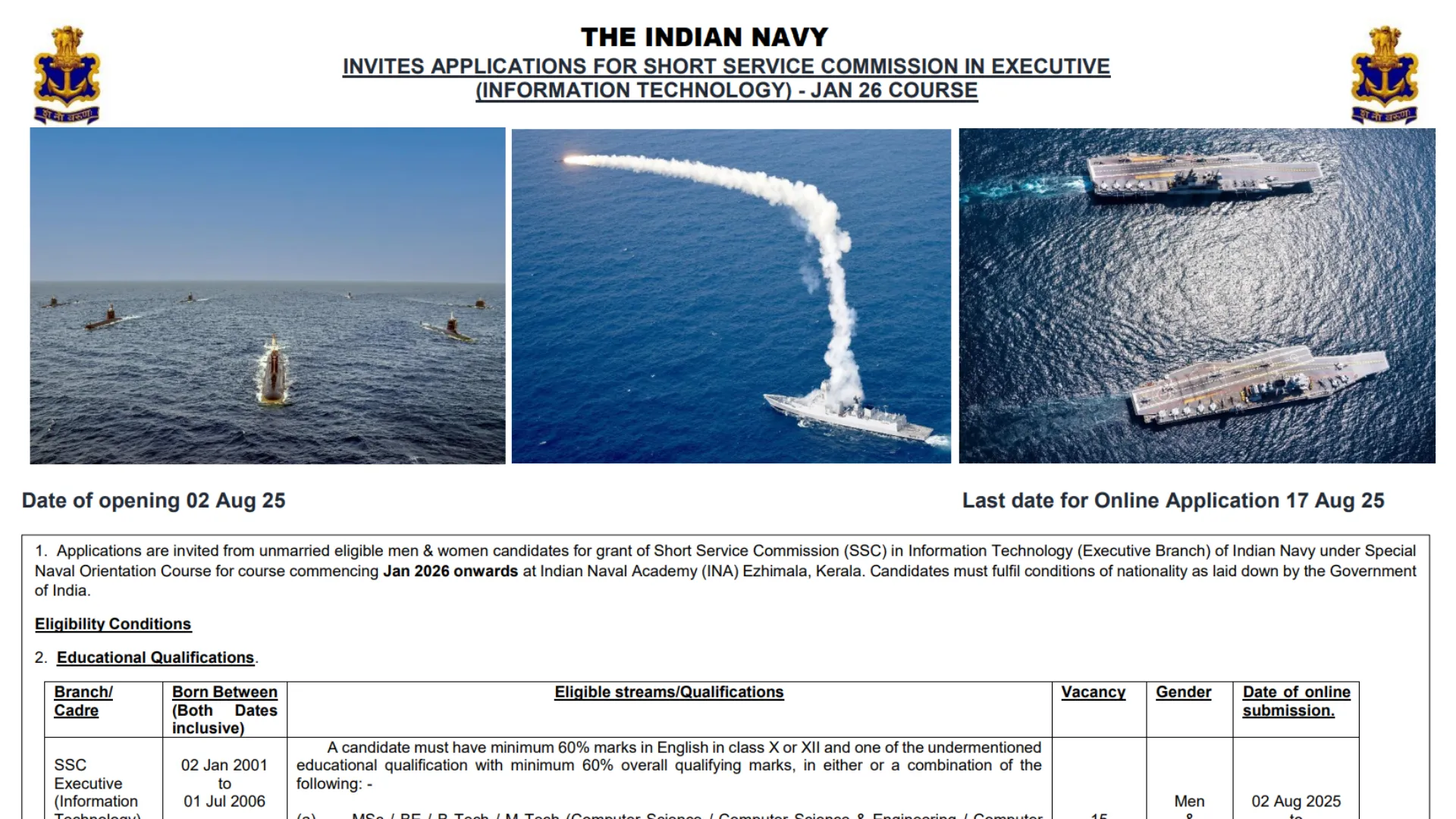 Indian Navy SSC Executive IT Recruitment 2025 Notification Released and Apply Online