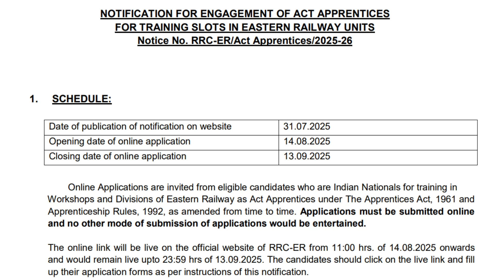 Railway RRC ER Apprentice Recruitment 2025 Notification Released for 3115 Posts, Apply Online