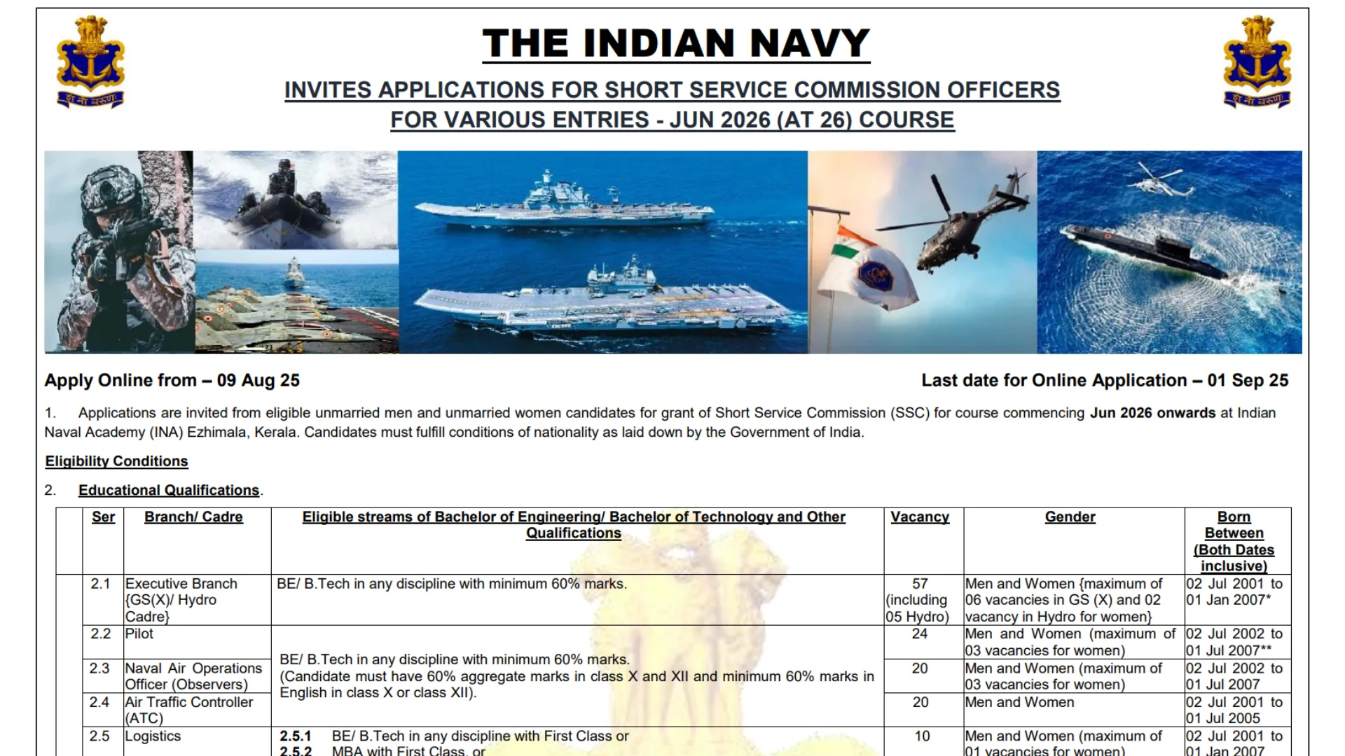 Indian Navy SSC Officer Recruitment 2025 Notification Released and Apply Online for 260 Posts