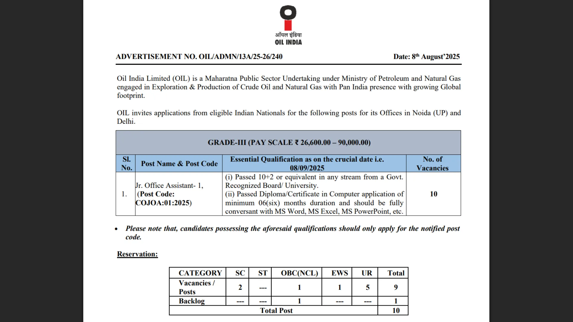 Oil India Junior Office Assistant Recruitment 2025 Notification and Online Form