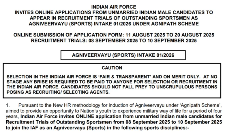 Indian Air Force Agniveer (Sports) Recruitment 2025 Notification Released and Apply Online