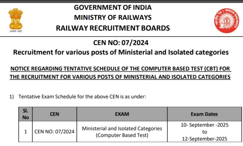 RRB Ministerial and Isolated Exam Date and Admit Card 2025 Released for 1036 Posts, Check Now