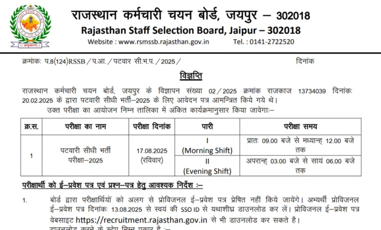 Rajasthan RSMSSB Patwari Exam Admit Card 2025 Released for 3705 Posts, Download Now