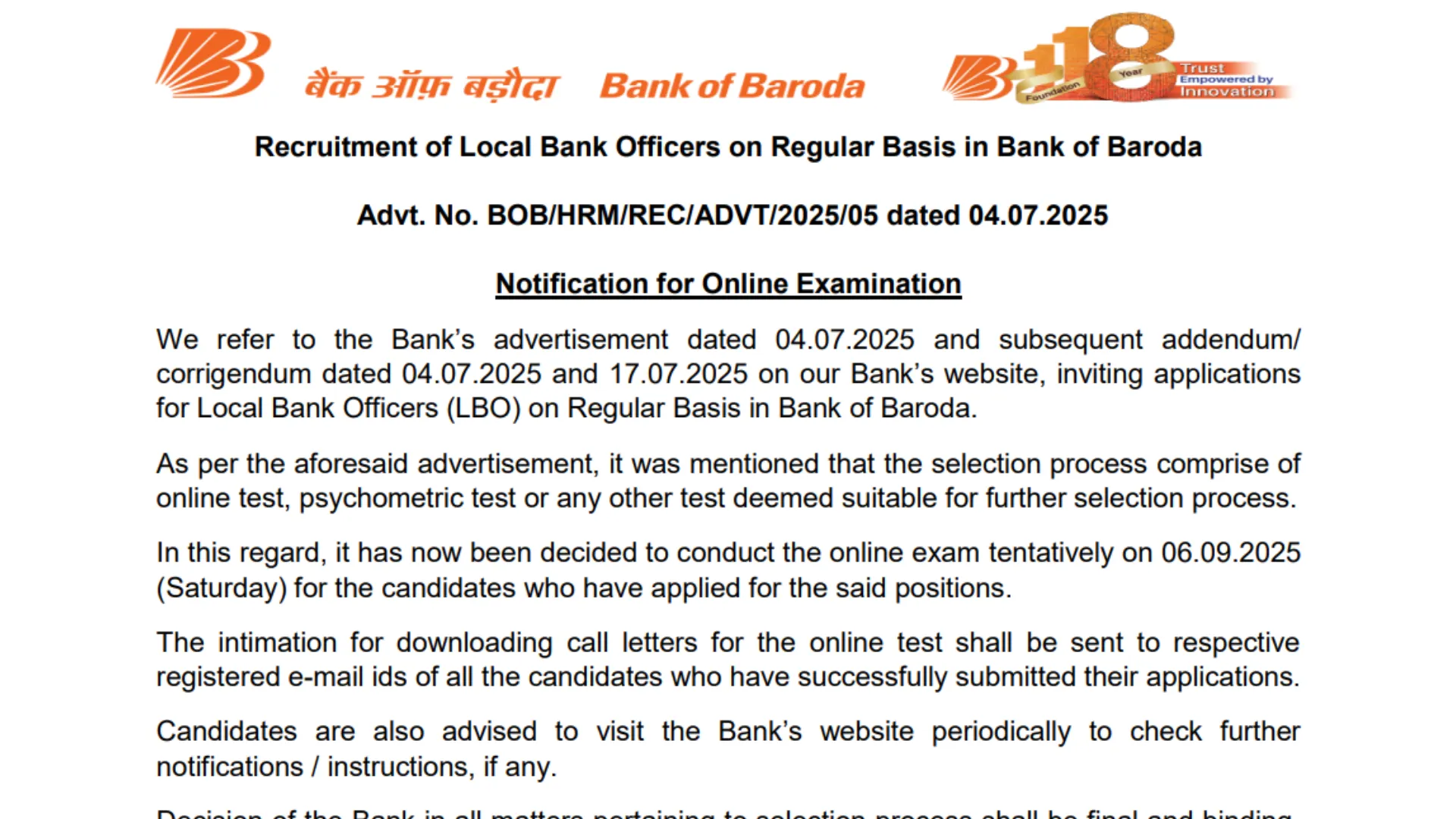 Bank of Baroda (BOB) Local Branch Officers (LBO) Exam Date and Admit Card 2025 Released for 2500 Posts, Check Now