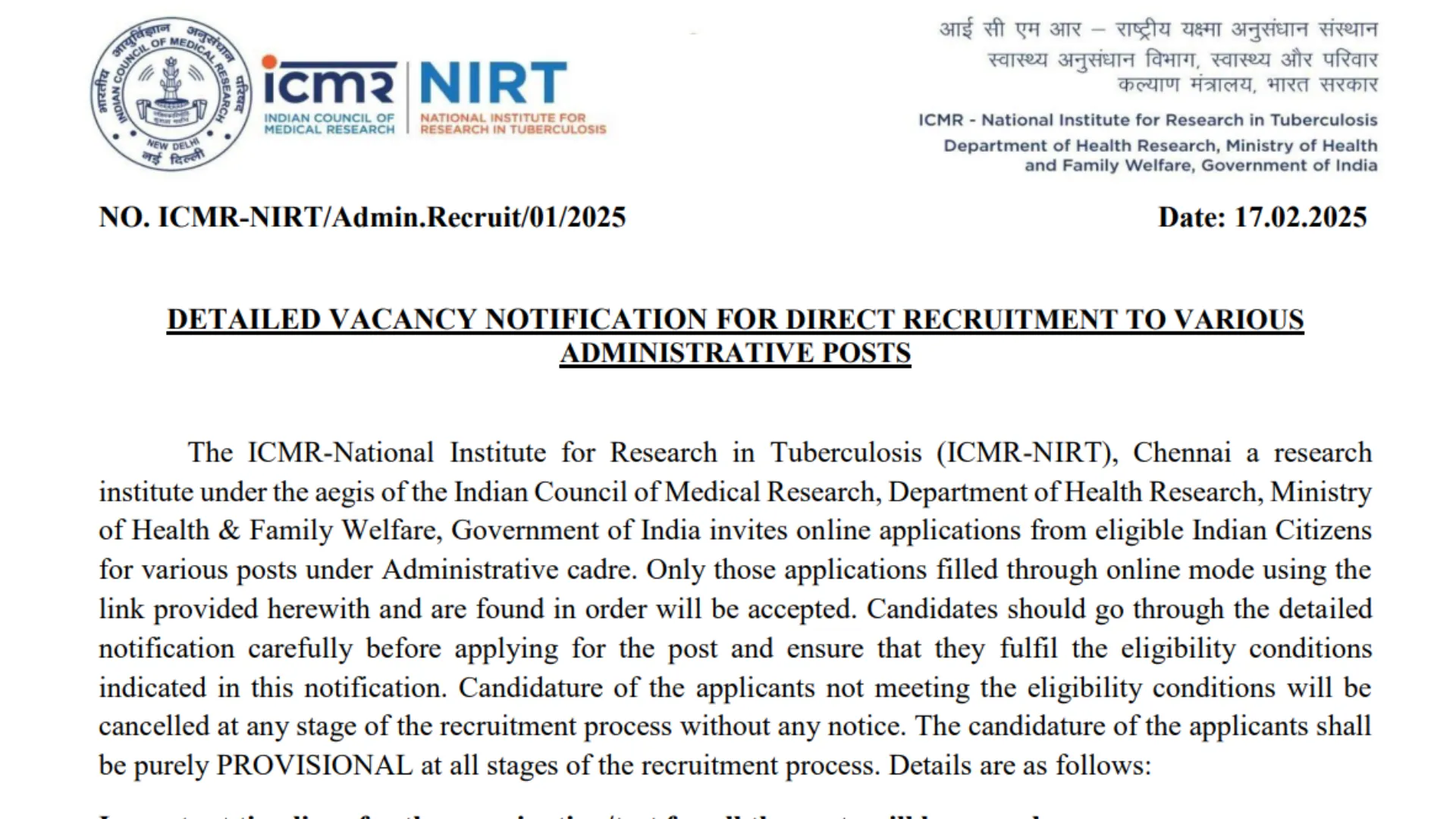 ICMR-NIRT Recruitment 2025 Notification Released and Apply for Assistant, LDC and UDC Clerks Posts