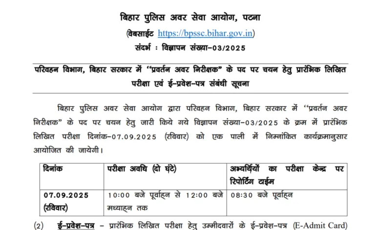 BPSSC Bihar Police Enforcement Sub Inspector (ESI) Exam Date and Admit Card 2025 Released, Check Now