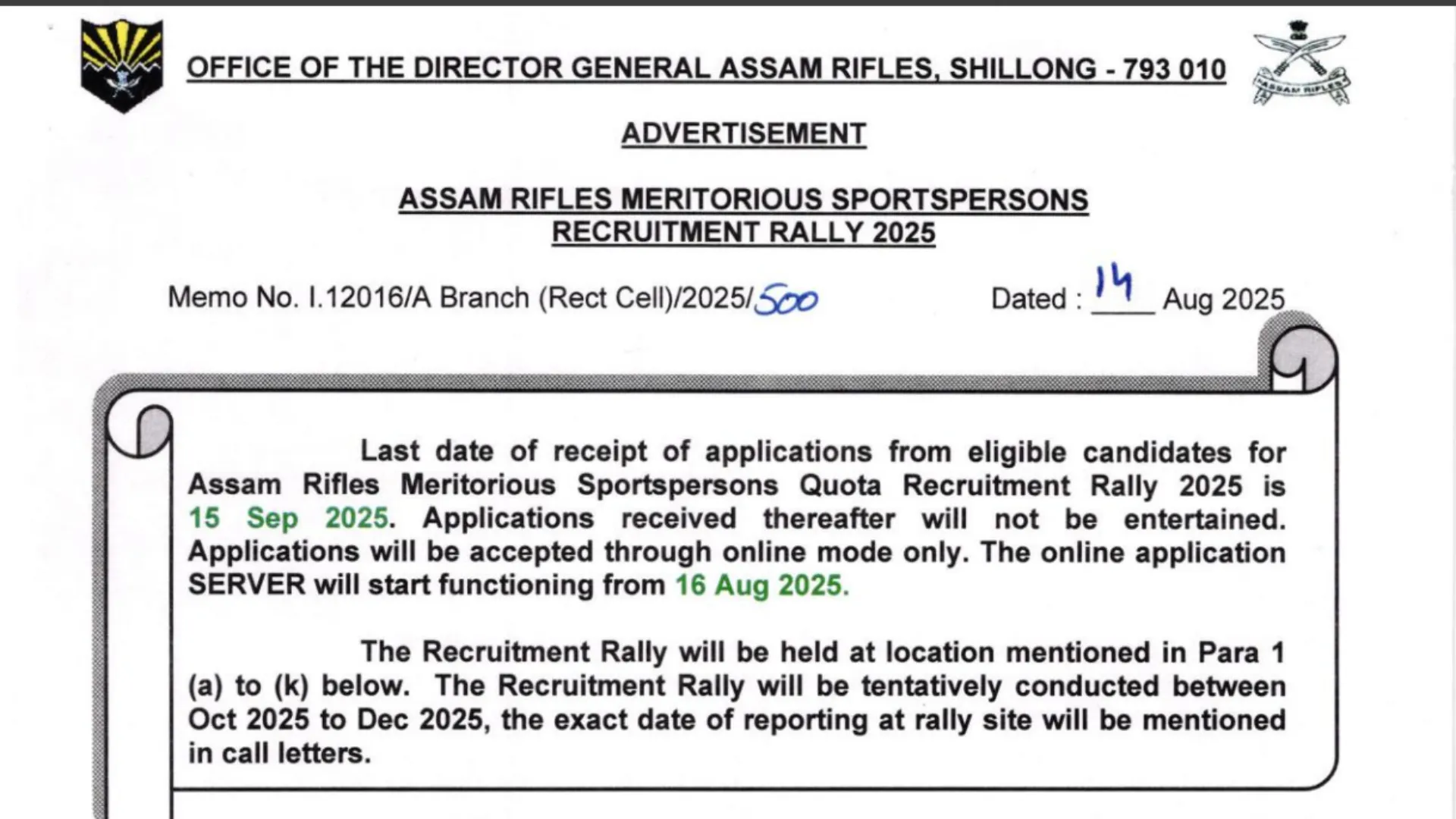 Assam Rifles Sports Quota Recruitment 2025 Notification Released and Apply Online
