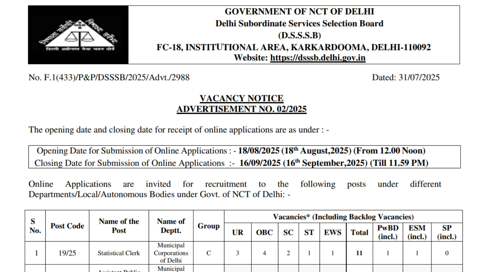 DSSSB Various Posts Recruitment 2025 Notification Released and Apply Online