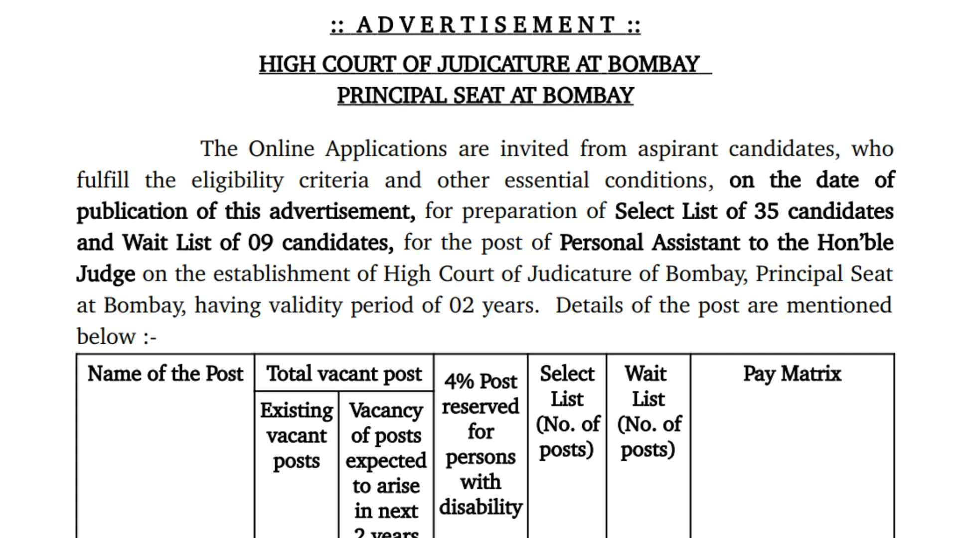 Bombay High Court PA Recruitment 2025 Notification
