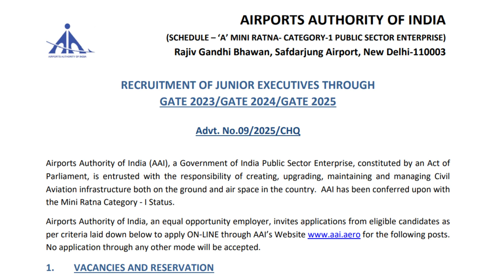 AAI Junior Executive Recruitment 2025 Notification Released for 976 Posts, Apply Online