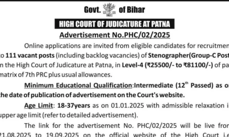 Patna High Court Stenographer Recruitment 2025 Notification Released for 111 Posts, Apply Online
