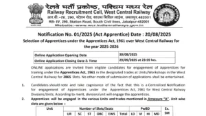 Railway RRC WCR Apprentice Recruitment 2025 Notification Released for 2865 Posts, Apply Online