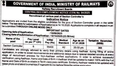 Railway RRB Section Controller Recruitment 2025 Notification Released and Apply Online for 368 Posts
