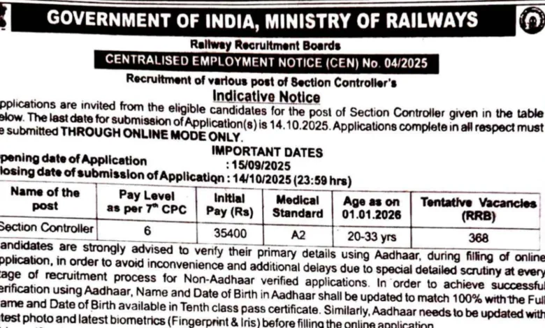 Railway RRB Section Controller Recruitment 2025 Notification Released and Apply Online for 368 Posts