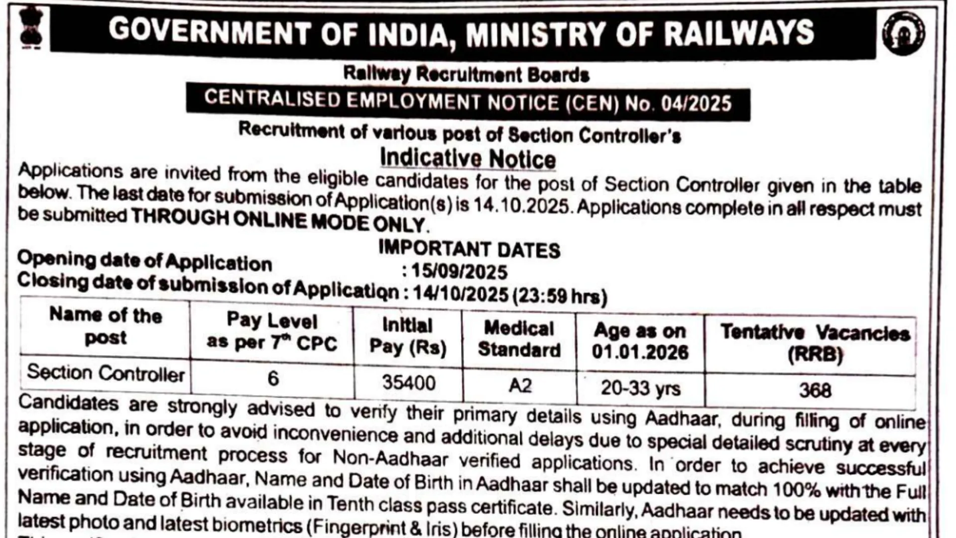 Railway RRB Section Controller Recruitment 2025 Notification Released and Apply Online for 368 Posts
