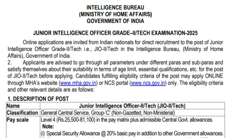 Intelligence Bureau (IB) Junior Intelligence Officer Grade II Recruitment 2025 Notification Released for 394 Posts, Apply Online