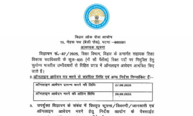 BPSC Assistant Education Development Officer (AEDO) Recruitment 2025 Notification Released for 935 Posts, Apply Online