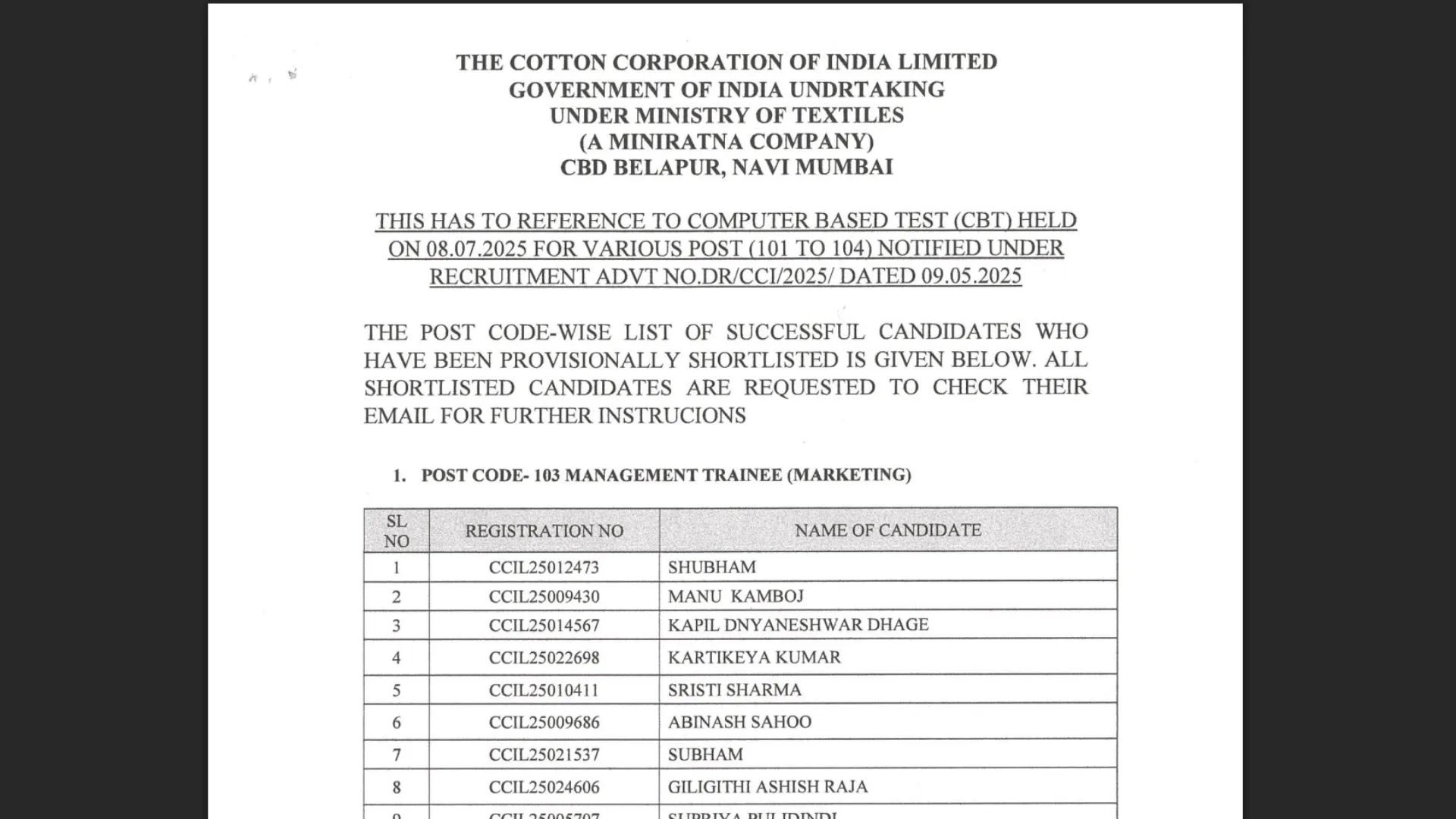 Cotton Corporation of India (CCI) Exam Result 2025 Released for 147 Various Posts, Download PDF