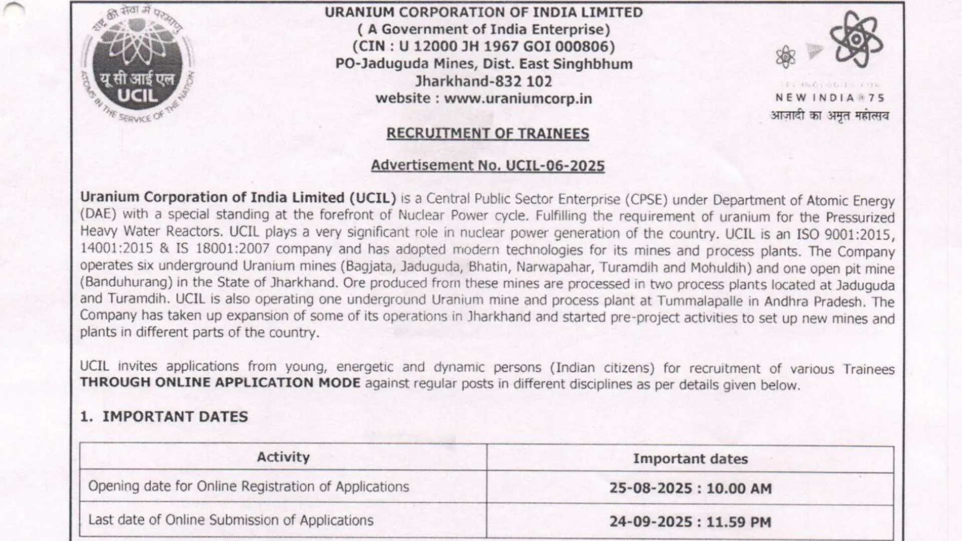 Jharkhand UCIL Trainee Recruitment 2025 Notification Released and Apply Online