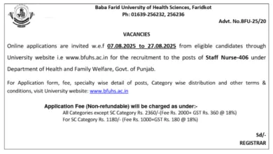 BFUHS Staff Nurse Recruitment 2025 Notification Released and Apply Online for 406 Posts