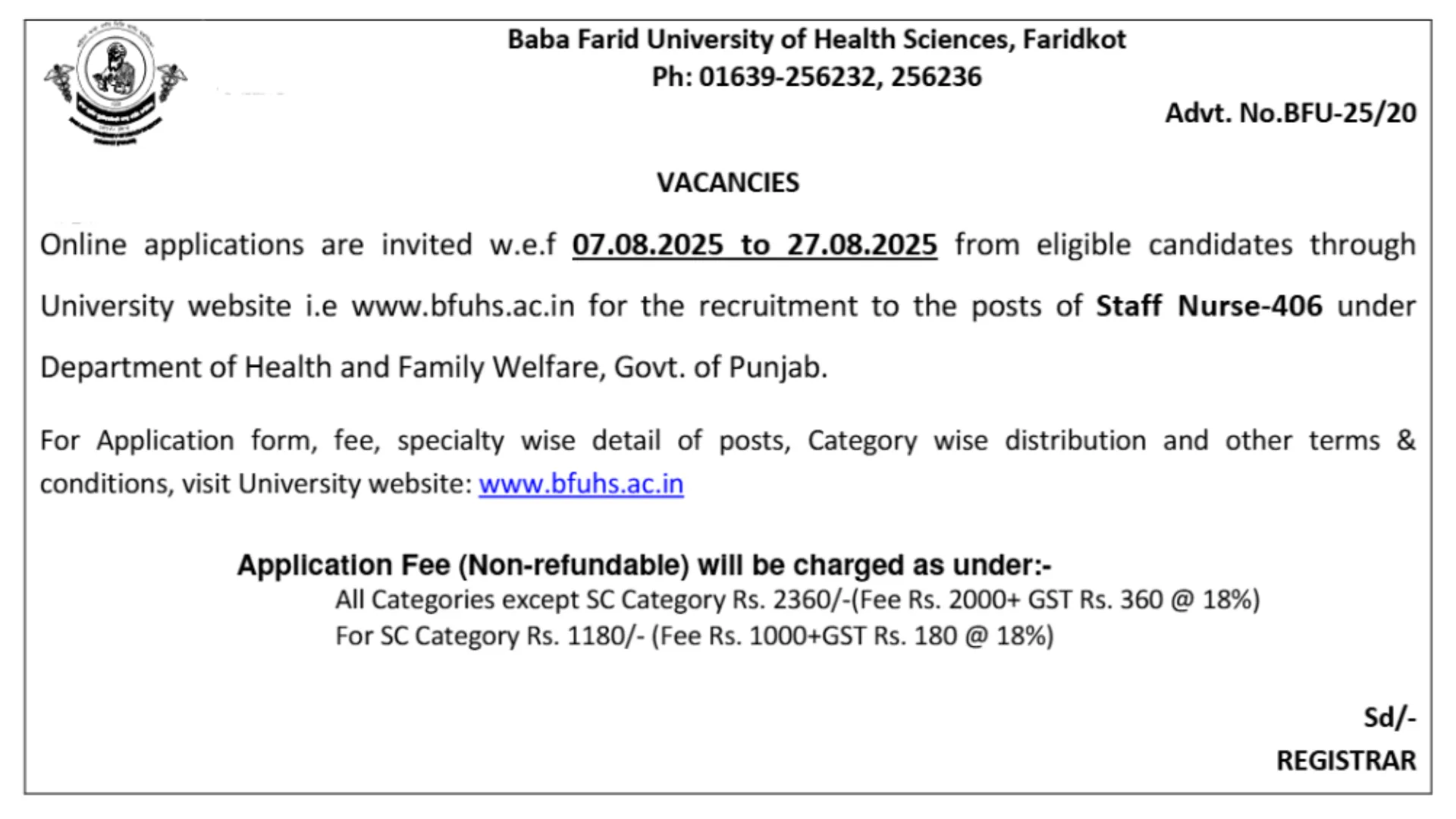 BFUHS Staff Nurse Recruitment 2025 Notification Released and Apply Online for 406 Posts