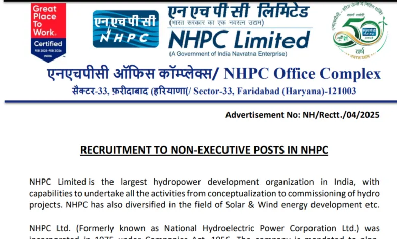 NHPC Non-Executive Recruitment 2025 Notification Released for 248 Posts, Apply Online
