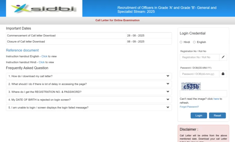 SIDBI Officers Grade A & B Exam Admit Card 2025 Released for 76 Posts, Check Now