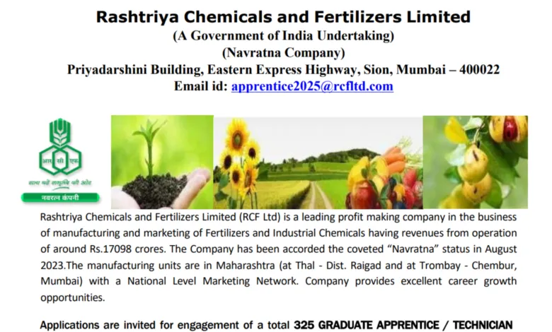 RCFL Apprentice Recruitment 2025 Notification Released and Apply Online for 325 Posts