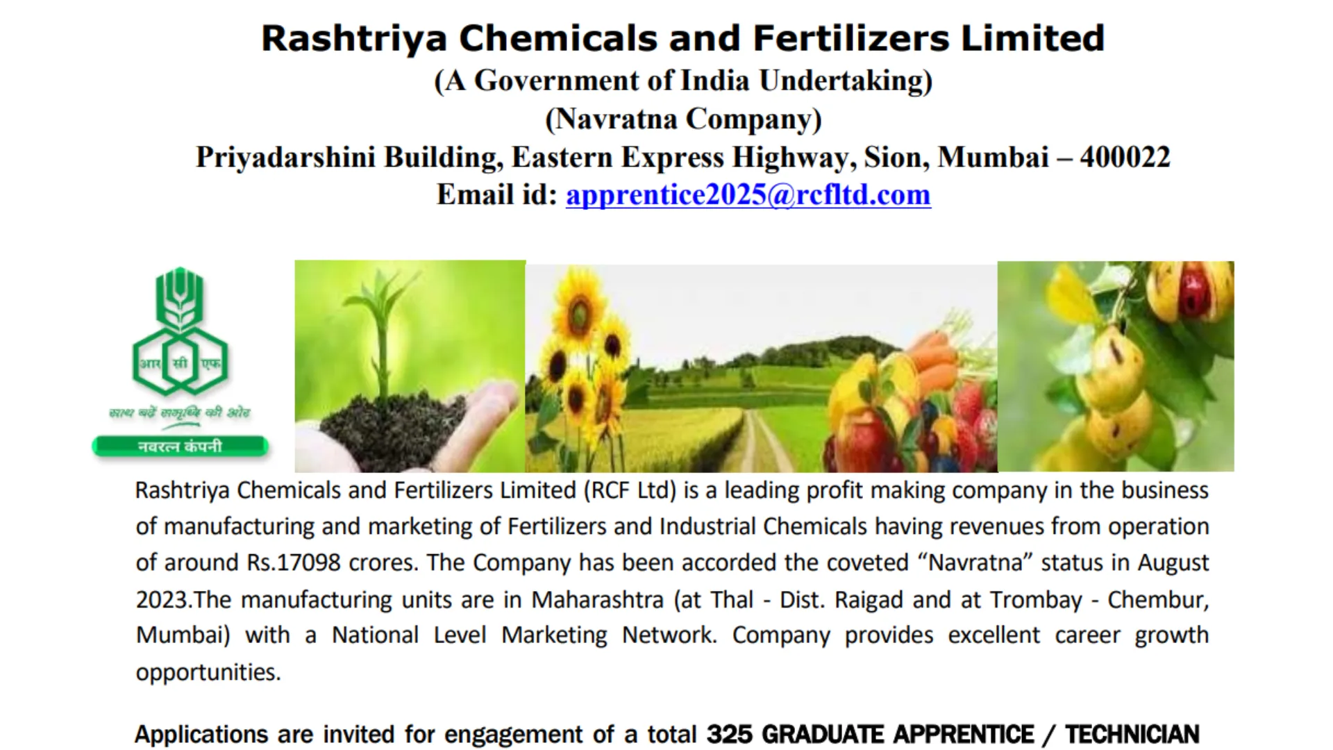 RCFL Apprentice Recruitment 2025 Notification Released and Apply Online for 325 Posts