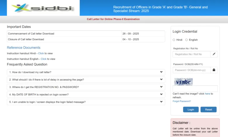 SIDBI Officers Grade A & B Exam Admit Card 2025 Released for 76 Posts, Check Now