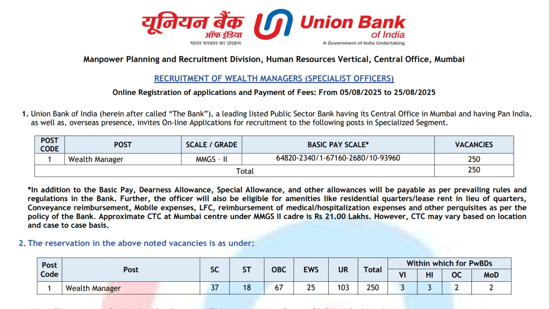 Union Bank Wealth Manager Recruitment 2025 Notification Released and Apply Online for 250 Posts