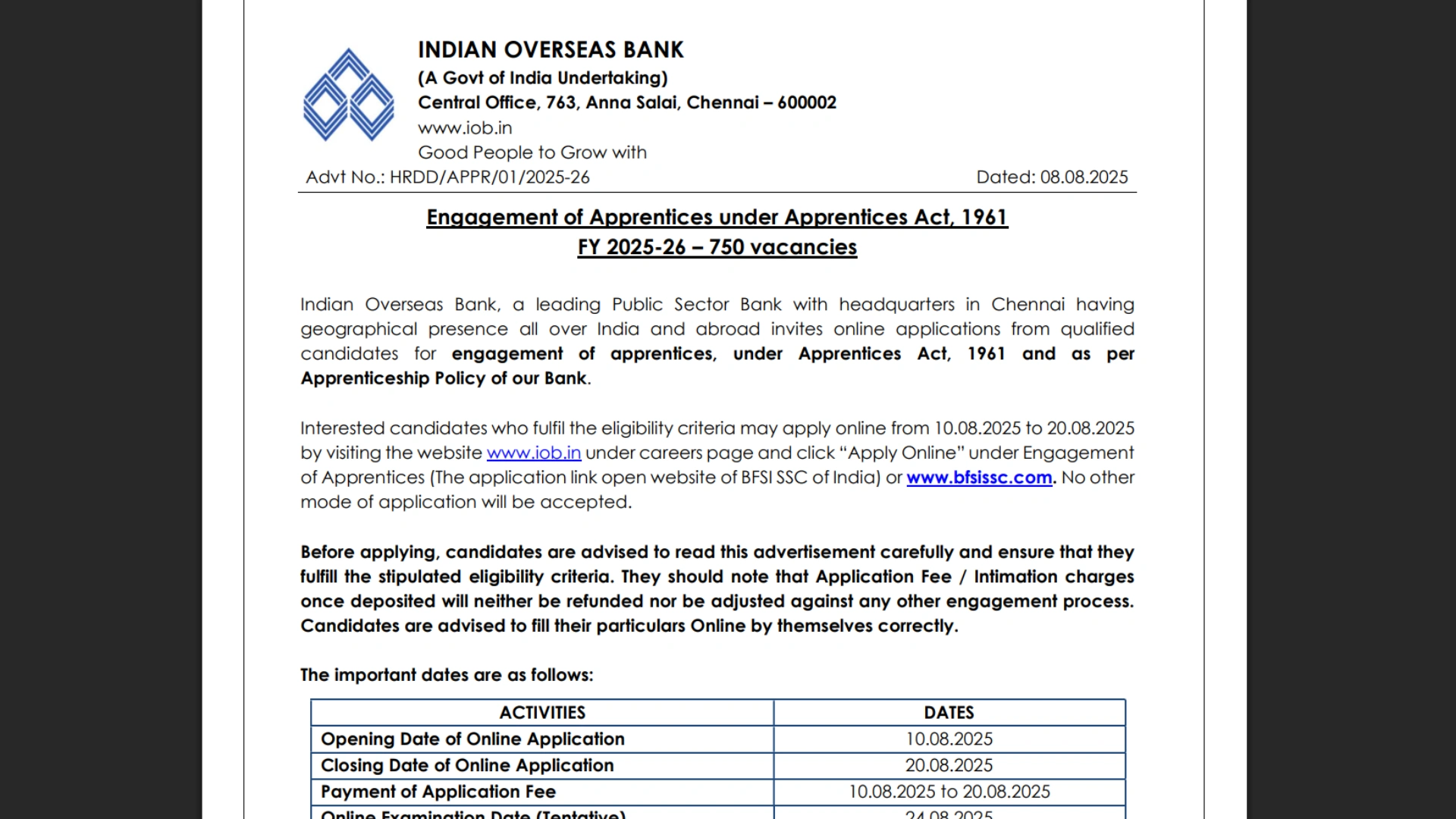 Indian Overseas Bank Apprentice Recruitment 2025 Notification Released and Apply Online for 750 Posts