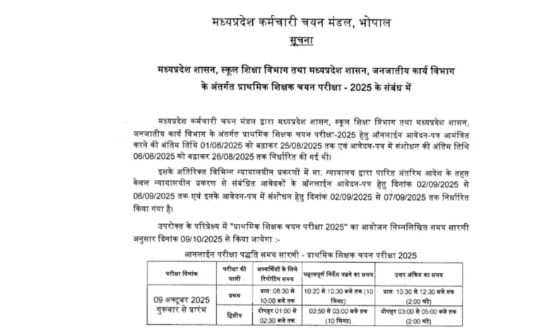 MPESB Primary School Teacher (PSTST) Exam Date and Admit Card 2025 Released for 13089 Posts, Check Now