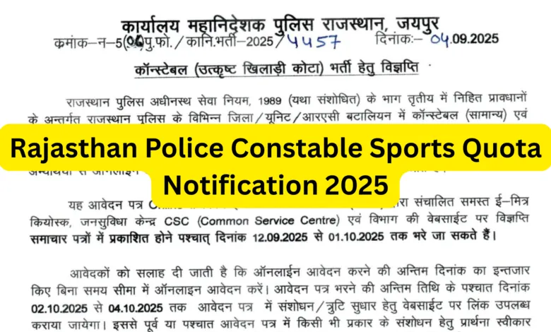Rajasthan Police Constable Sports Quota Recruitment 2025 Notification Released for 167 Posts, Apply Online