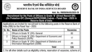 Reserve Bank of India (RBI) Grade B Officer Recruitment 2025 Notification Released for Various Posts, Apply Online
