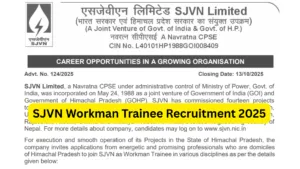 SJVN Workman Trainee Recruitment 2025 Notification Released and Apply Online for Various Posts