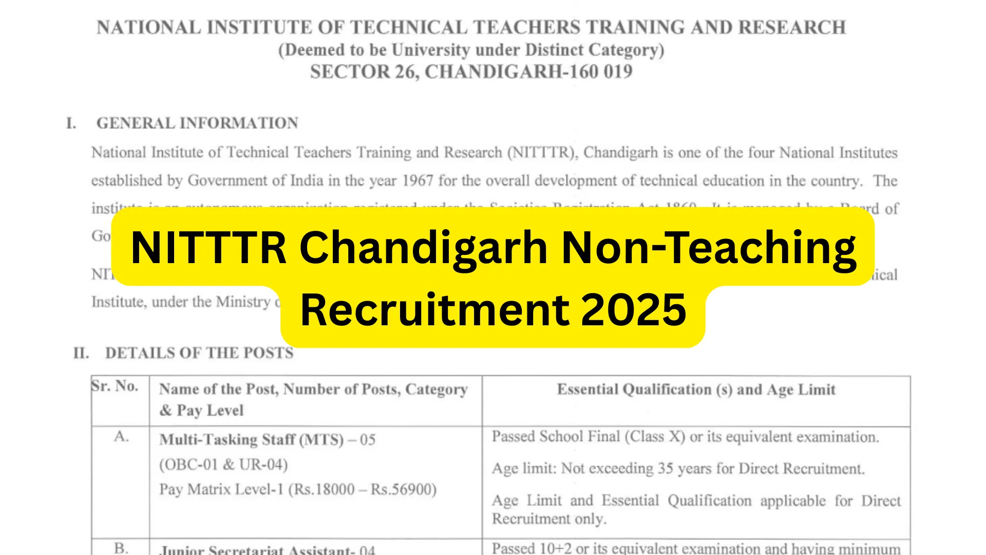 NITTTR Chandigarh Non Teaching Recruitment 2025 Notification Released and Apply Online for Various Posts
