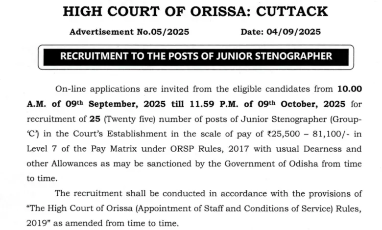 Orissa High Court Junior Stenographer Recruitment 2025 Notification Released and Apply Online