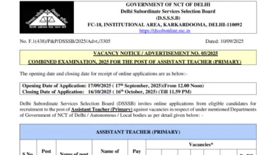 DSSSB Primary Teacher PRT Recruitment 2025 Notification Released for 1180 Posts, Apply Online