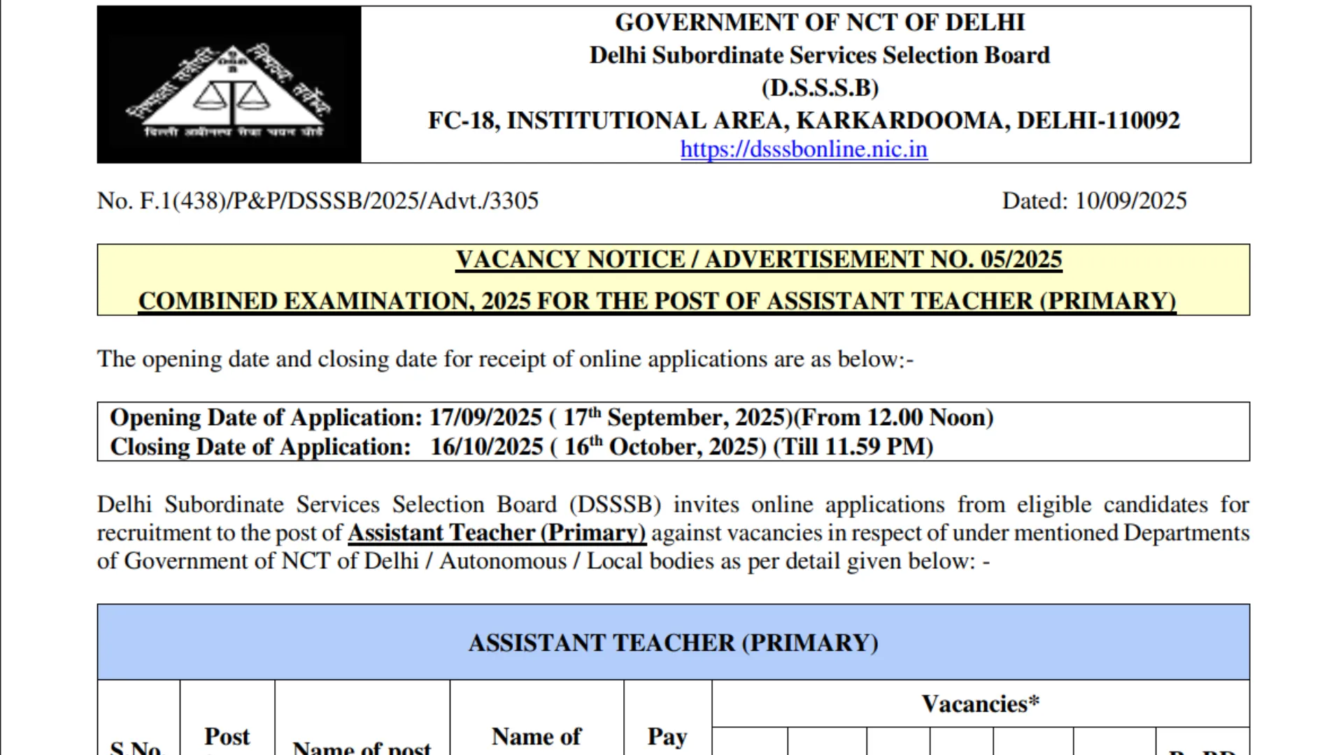 DSSSB Primary Teacher PRT Recruitment 2025 Notification Released for 1180 Posts, Apply Online