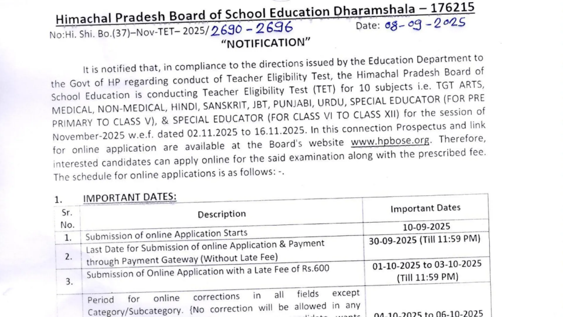 HP TET November 2025 Notification Released, Check Online Application Dates & Exam Dates